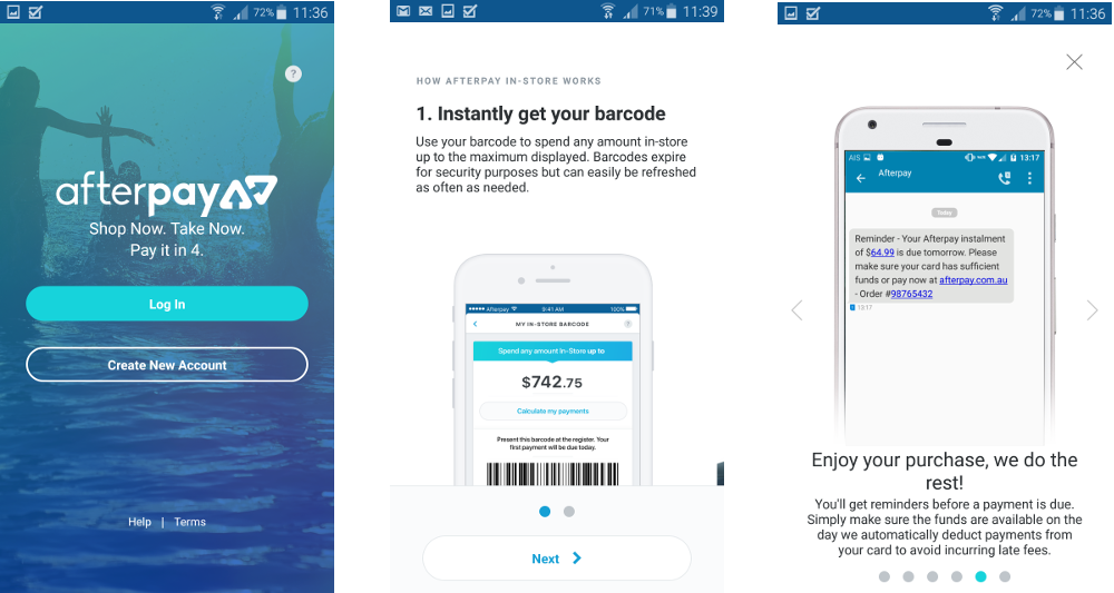 Afterpay mobile interfaces