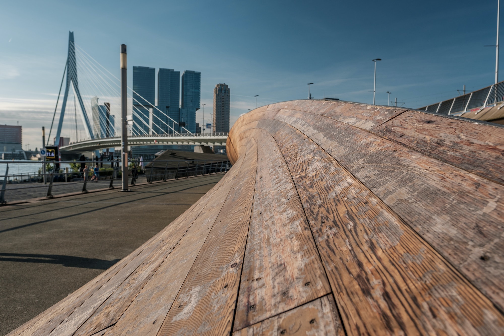 Rotterdam city cityscape skyline with Erasmus bridge and river. South Holland, Netherlands.
